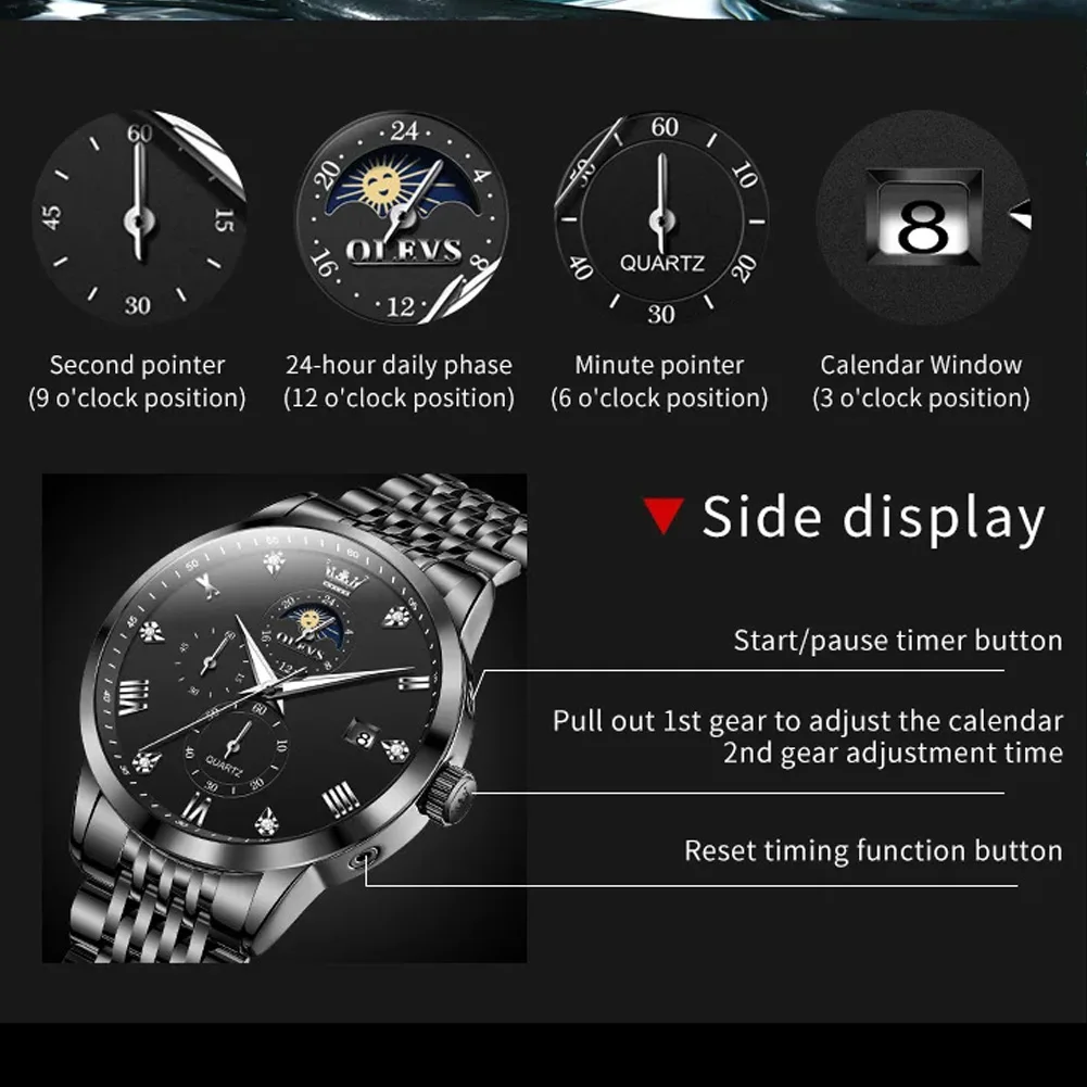 OLEVS 2925 Relojes Masculinos Original Men's Watch Chronograph Waterproof Luminous Moon Phase Calendar Quartz Wristwatch for Men