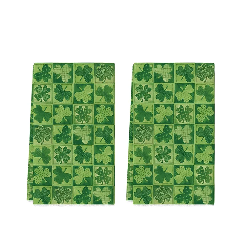 2Pcs, St. Patrick's Day Green Plaid Clover Kitchen Towel, 40Cm*60Cm Towel Set, Super Absorbent Soft Cleaning Cloth, Cooking and Baking Tea Towel, Hand Towel, Cleaning Cloth, Dishcloth, Kitchen Decoration, Living Room Decoration, Kitchen Essentials, Home Essentials