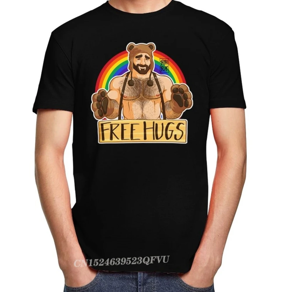 Funny Gay Bear Free Hugs Tshirt Men Soft Cotton LGBT T-Shirt LGBTQ Pride Shirt Rainbow Tee Top Camisas Men Casual Clothing Gift