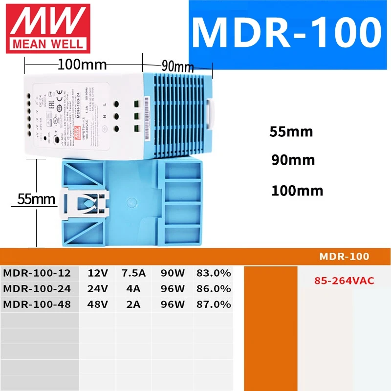 يعني جيدا MDR-10 20 40 60 100 - 5 12 15 24 48 ميانويل MDR -10 -20 -40 -60 -100 واط 5 12 15 24 48 فولت الناتج الصناعي DIN السكك الحديدية