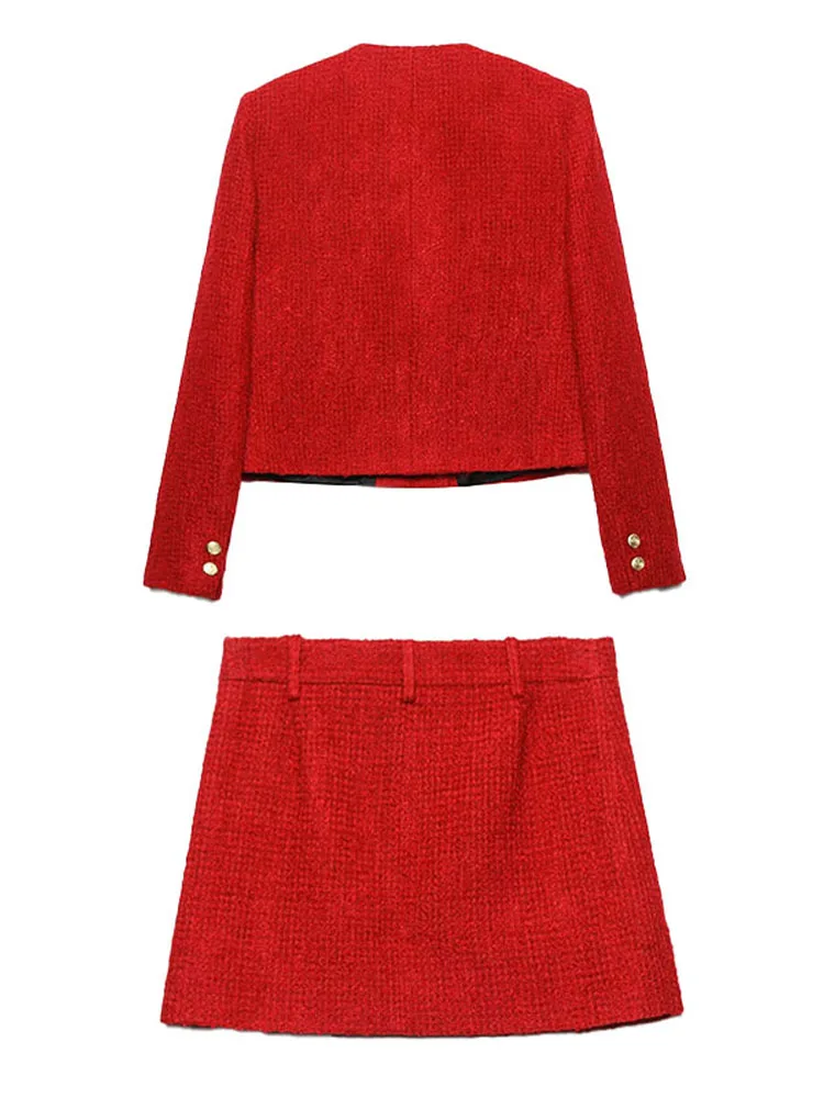 HH Women New Fashion Red Textured Double-Breasted Long-Sleeved Jacket+High-Waisted Casual Slit Design Textured Skirt Suit Mujer