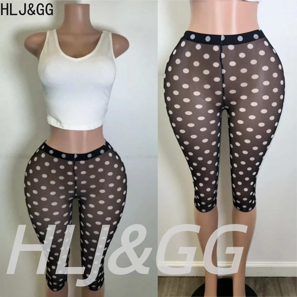 HLJ&GG Summer New Polka Dot Printing Mesh Polka Dot Skinny Shorts Women High Waisted Sheer Legging Bottoms Fashion Streetwear