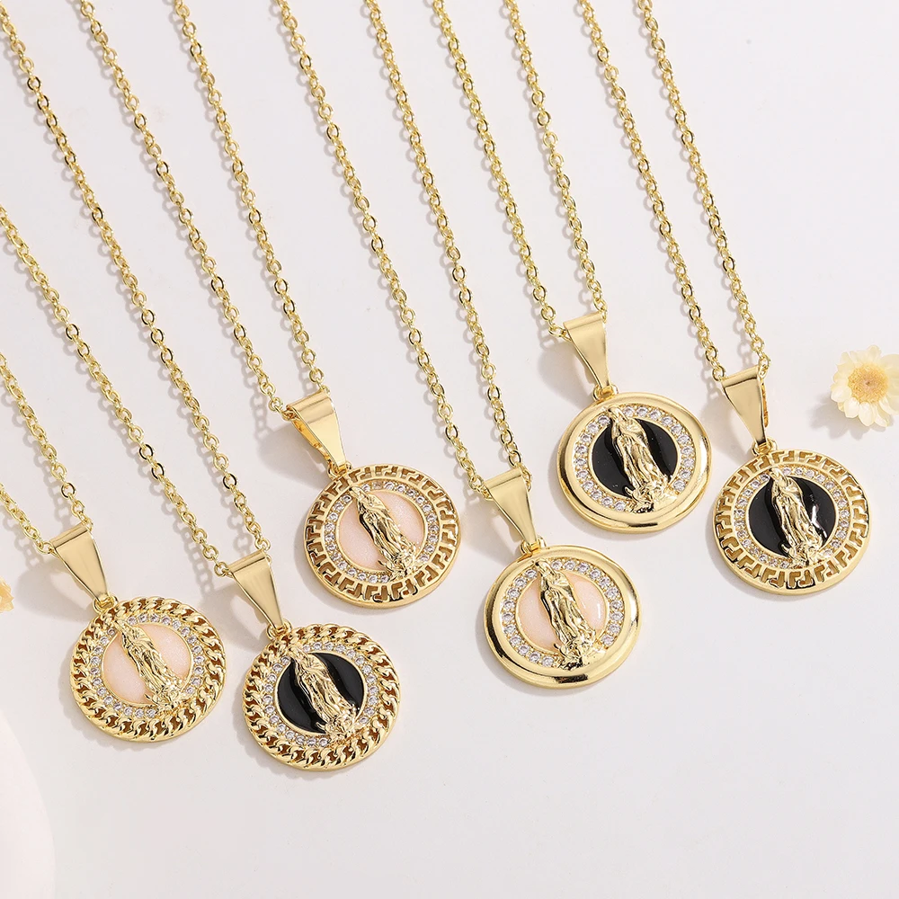 

Ruixi Fashion New Round Virgin Mary Religious Zircon Color Dripping Glue Necklace Pendant Suitable for Ladies Party Gifts