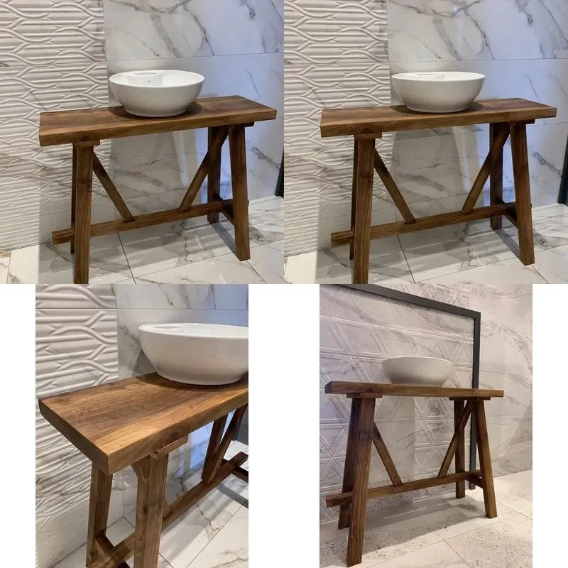 Narrow Floating Live Edge Wooden Bathroom Vanity Countertop Rustic Solid Wood Recycled Flat Shelf Table Side Decoration