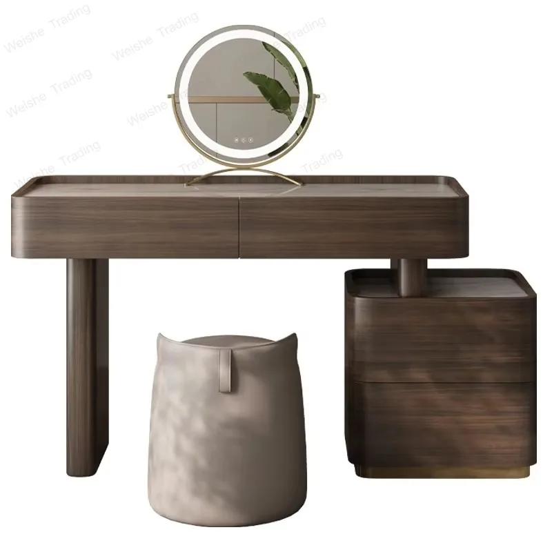 

Natural Brown Vanity Desk Drawers European Led Storage Lounges Dressing Table Bedroom Fluted Tocador Mueble Bedroom Furniture