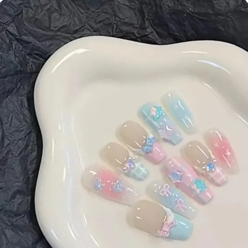

Pink Blue Stars Convenience Store Handmade Wearable Nails Summer Macaron French Nail Art Sweet Cute Dreamy Bow Blush Fake Nails