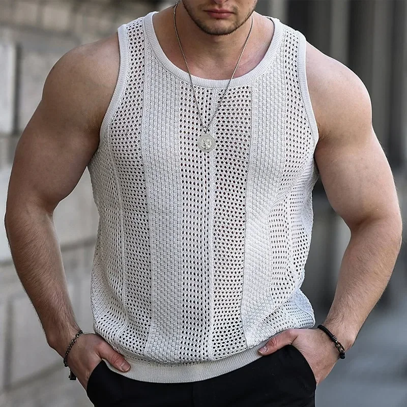 Summer New Men's Solid Color Loose Sleeveless Sweater Wool Woven V-neck Breathable Outdoor Sports Fitness Men's Vest M-3XL