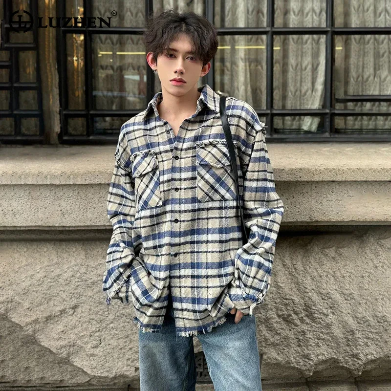 

LUZHEN Spring Wornout Male Long Sleeved Plaid Pattern Shirts Stylish Street 2024 New Men Fashion Burr Design Elegant Tops LZ3387