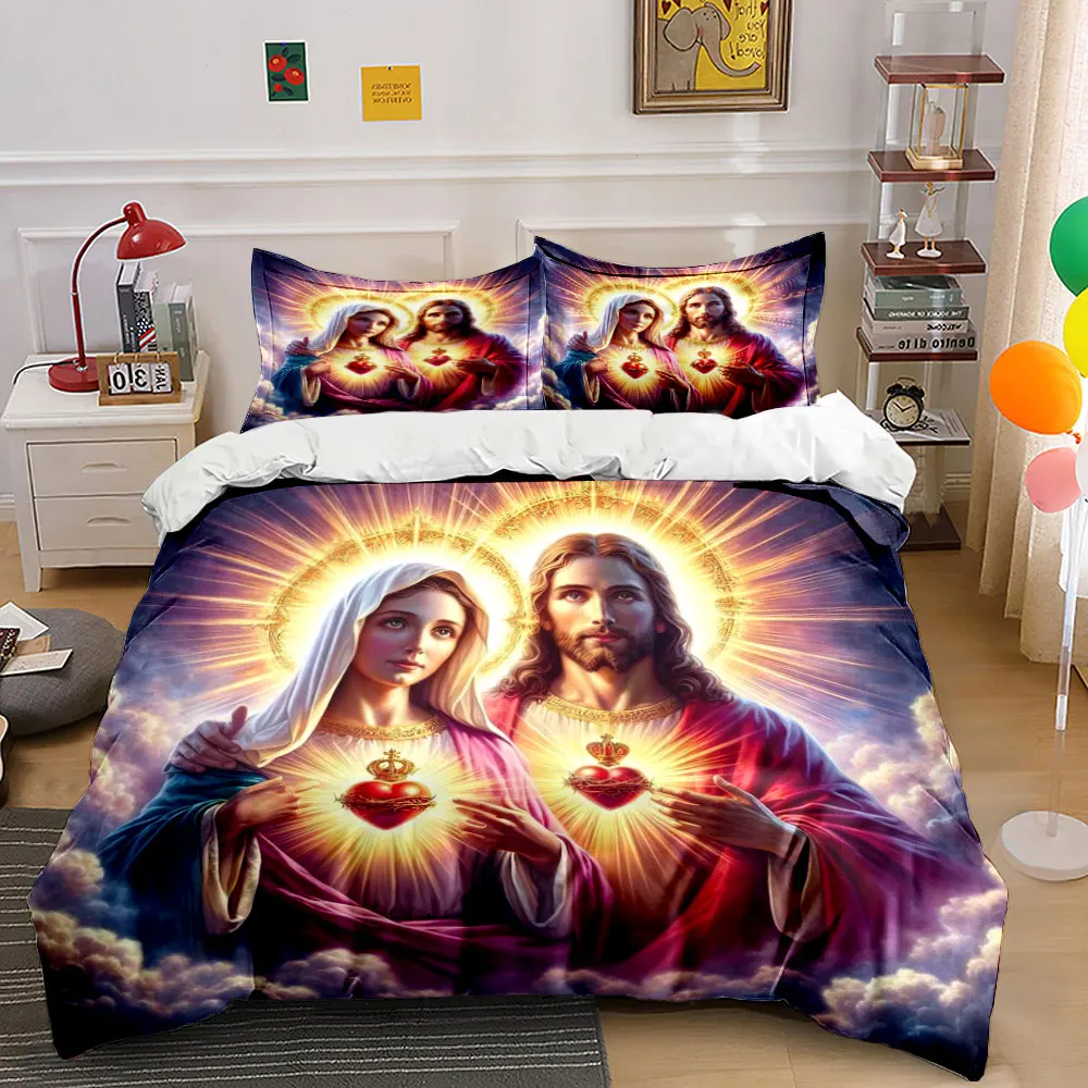 

Sacred Hearts of Mary and Jesus Pattern Duvet Cover Set Digital Print Colorful Polyester Bedding with Zipper Closur for gifts