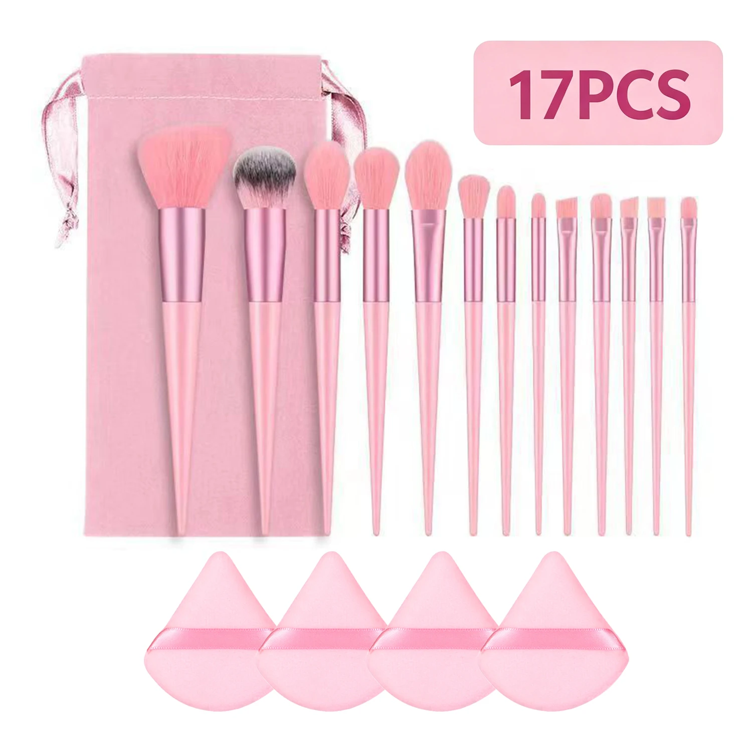 17 Pcs Makeup Brush Set with Sponge - Soft Fluffy Pink Kabuki Brushes for Foundation, Powder & Eyeshadow | Beauty Kit