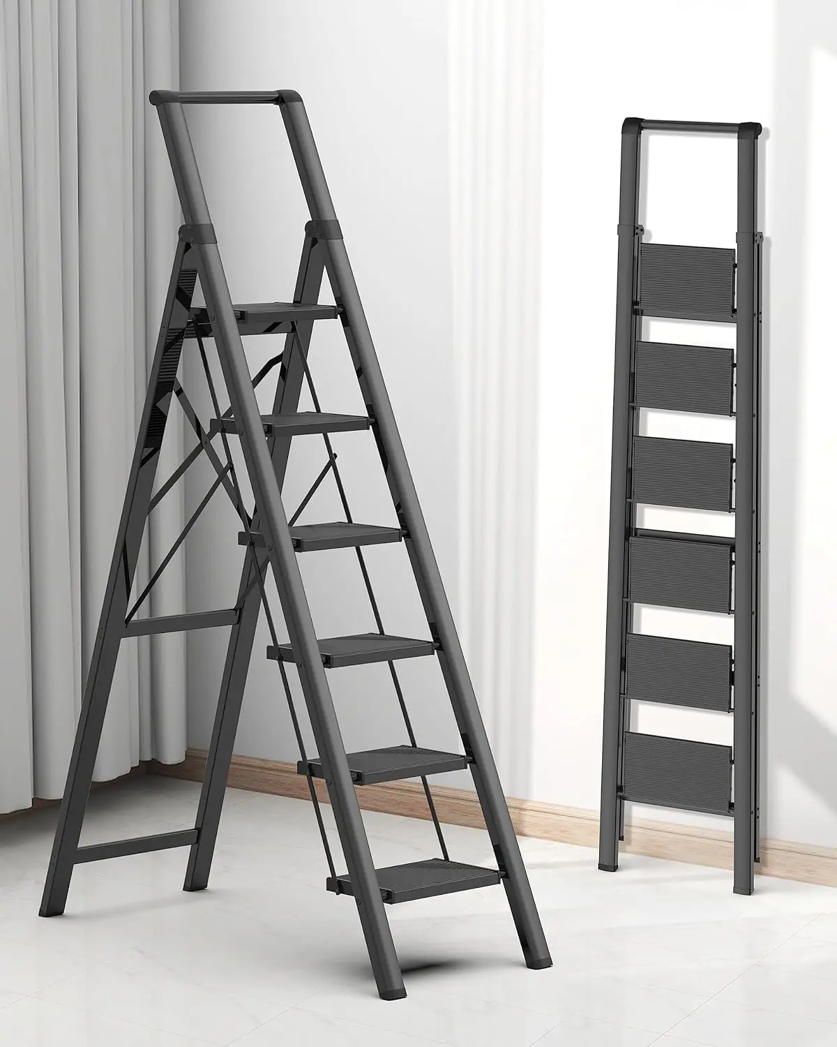 Ladder for 12 Feet High Ceiling, Folding Step Stool with Handgrip and Anti-Slip Wide Pedal, Portable Lightweight Aluminum Stepla