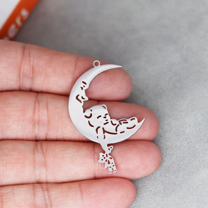 

3pcs Cute Sleeping Bear Anime Stainless Steel Moon Pendant Charms for Jewelry Making Earrings Necklace DIY Craft Bulk Accessory