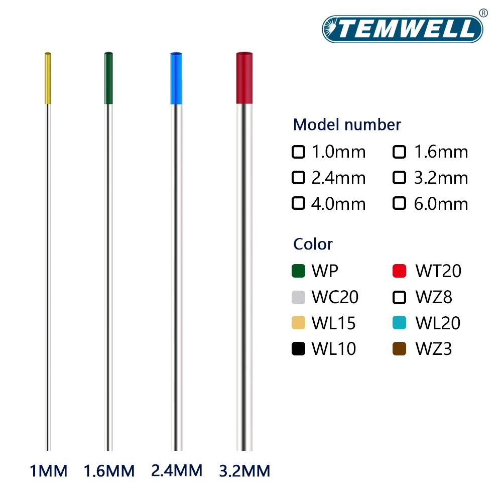 전문 텅스텐 전극 용접 전극, 150mm WT20 WC20 WL20 WL15 WZ8 WP WY20 WR20 티그 로드, 1.0mm, 1.6mm, 2.0mm, 2.4mm, 3.0mm, 3.2mm