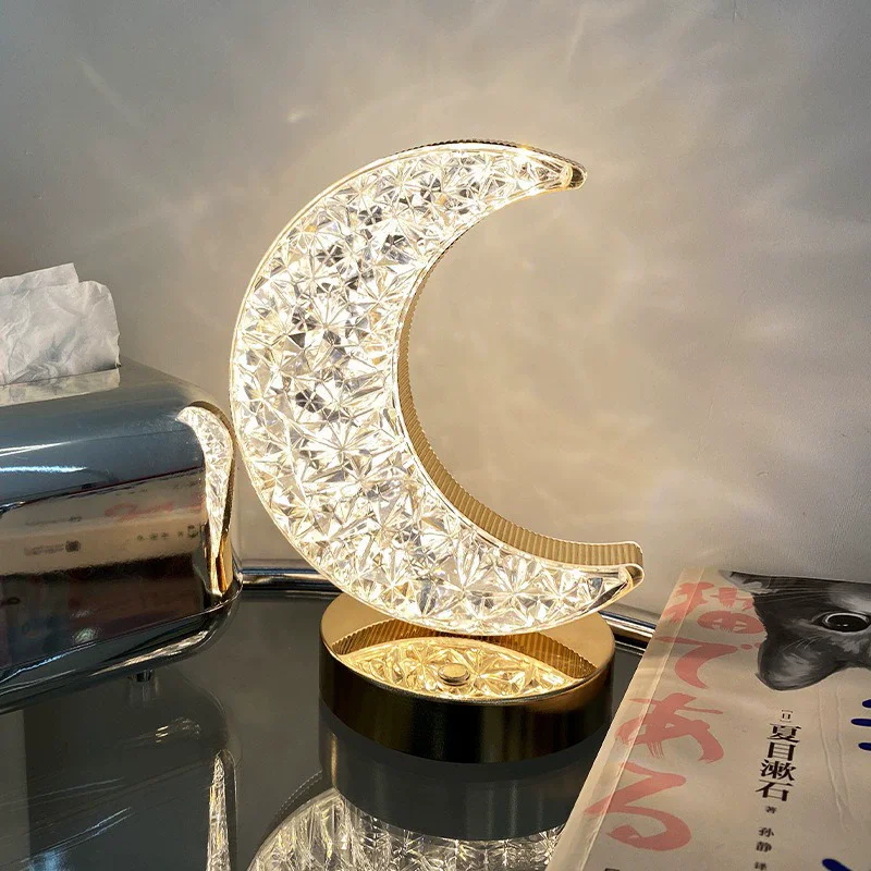 

Star Moon Atmosphere Table Light Gift Crystal Nightlight Bedroom Creative Bedlight Decorative Tri-Color Change Desk Lamp
