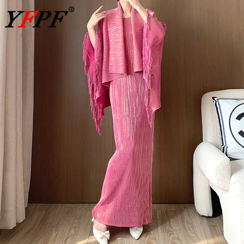 

YFPF Luxury Pleated Women Elegant 2 Piece Set Tassel Shawl + Sleeveless Slim Long Dresses Fashion Evening Clothing 3A249