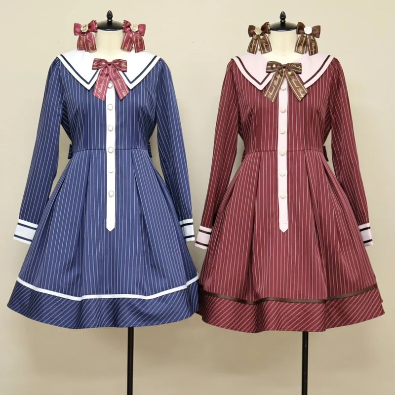 Japanese Sweet Retro Preppy Style Navy Collar Long Sleeve Single Breasted Lace-up Bow Slim Fit A-line Striped Lolita Dress Women