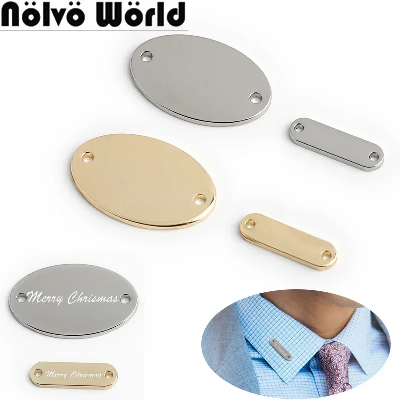 50/100 SZTUK 20x6mm, 30x19mm Mały prostokąt Niestandardowe logo Metalowe etykiety do szycia na dzianinowych ubraniach Etykieta z otworem Pusta owalna tabliczka Nazwa