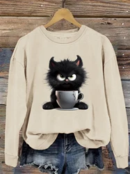 Cat print sweatshirt, crew neck casual sweatshirt for winter & fall, women's clothing