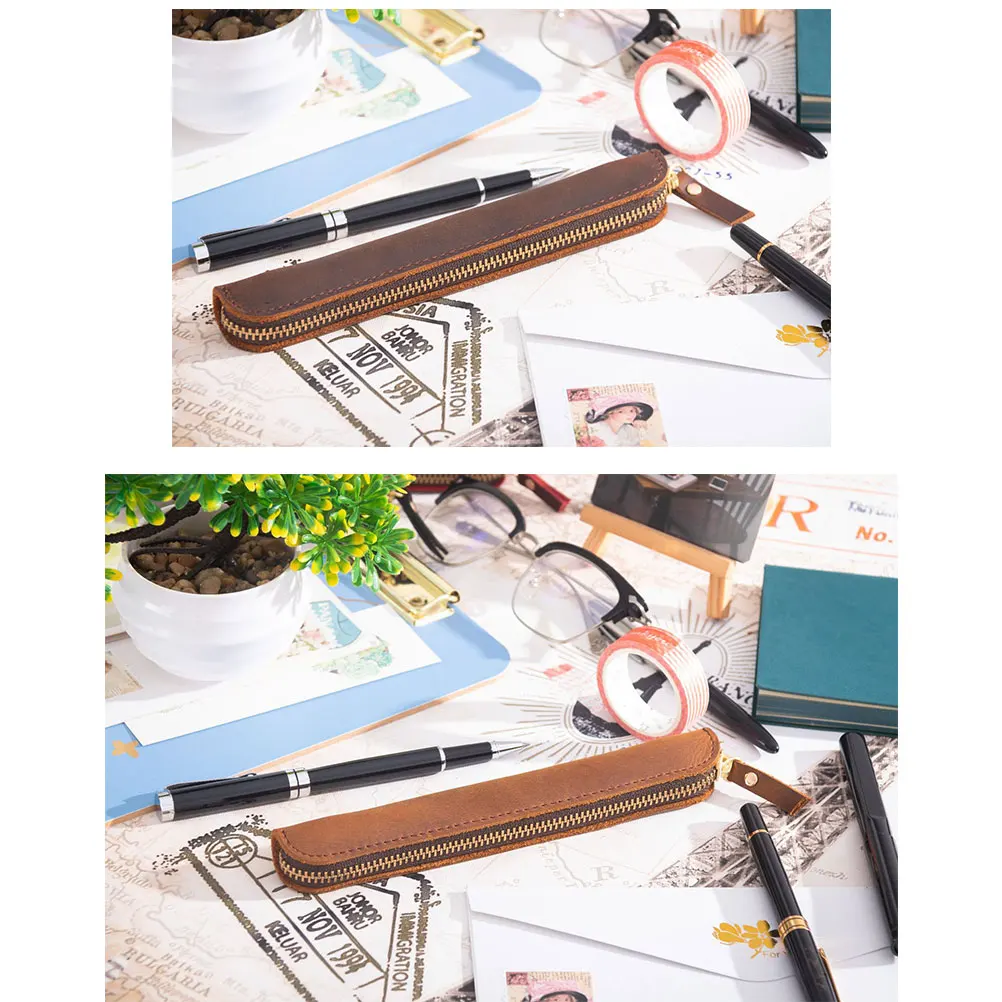 

Cowhide Pen Set Pencil Case Zipper Single Handwriting Cover Bags Travel Pouch Holder
