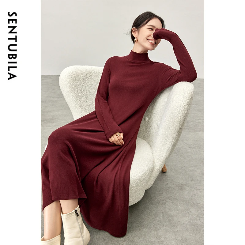 SENTUBILA Luxury Knitted Dresses for Women 2024 Autumn Winter Embroidery High Collar Long Sleeve Solid Dress Ladies 144L57405