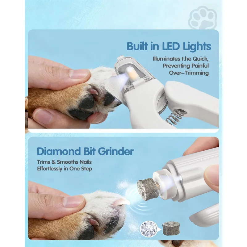 

2 in 1 Dog Nail Clippers and Grinder with 2 LED Lights and Splash Guard, Ultra Quiet USB Rechargeable Pet Paw Grooming Tool