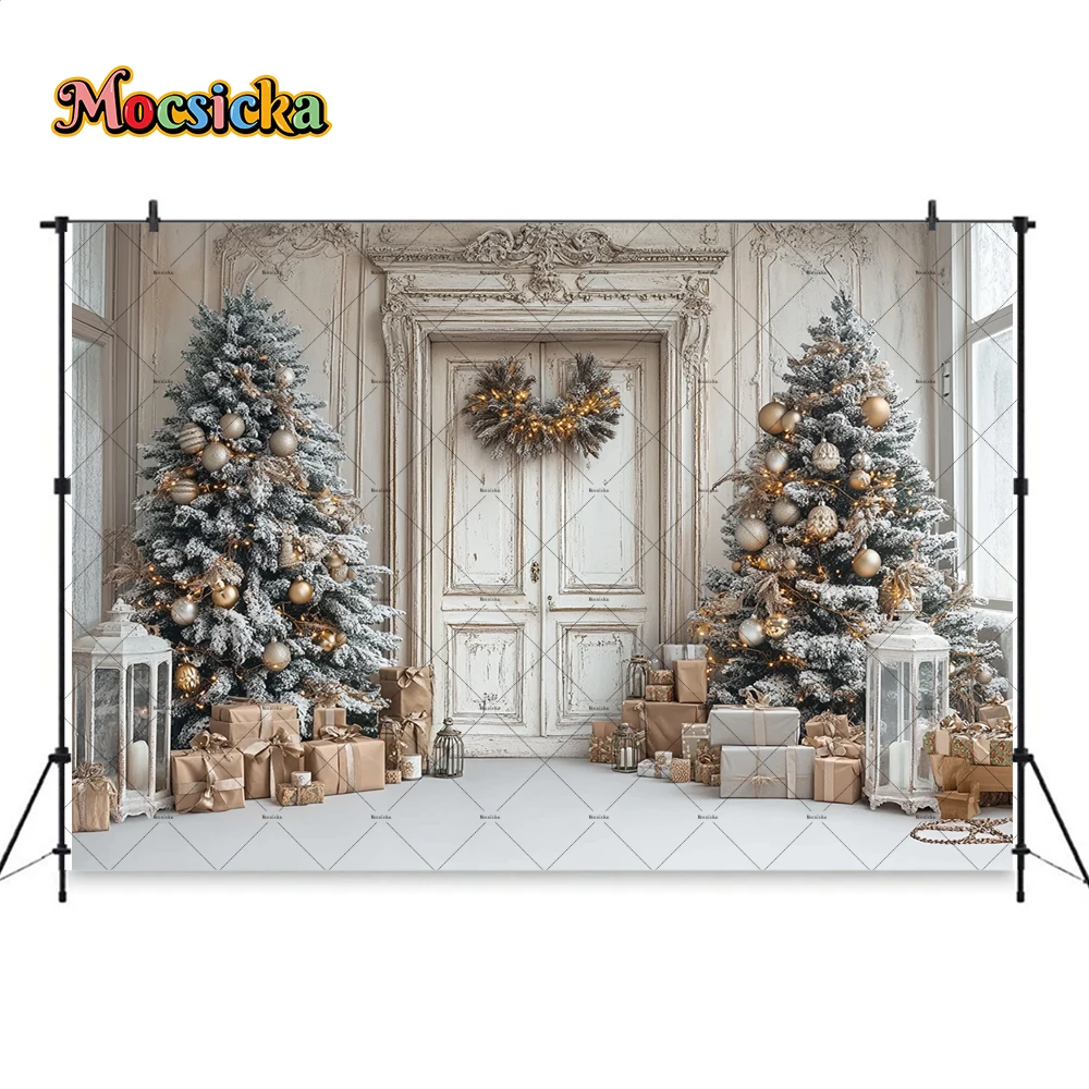 خلفية باب خشبي لعيد الميلاد أبيض ، خلفية تصوير عتيقة ، شجرة صنوبر لغرفة الكريسماس ، خلفية فانوس ، استوديو صور لحفلة المنزل ، هدية للطفل