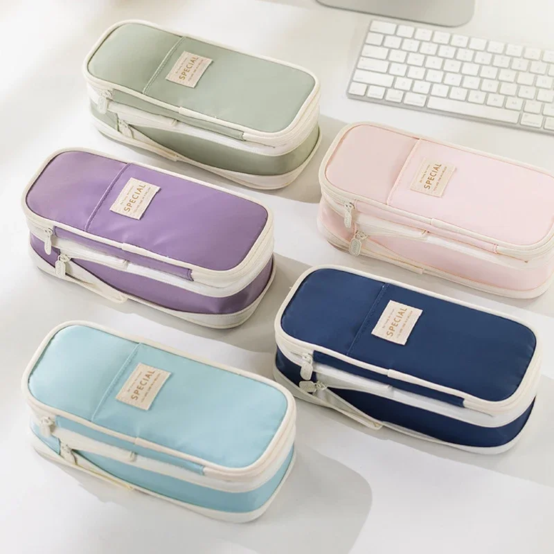 Cute Pencil Case for Girls Macaron Canvas Double Layer Large Capacity Pencil Box Kids Kawaii Pouch Stationery School Supplies