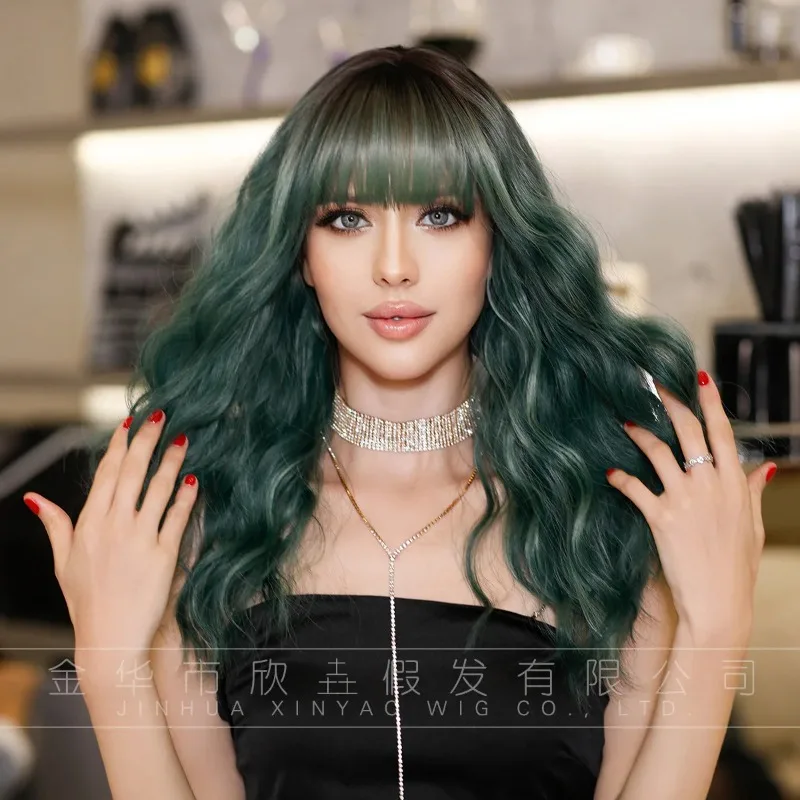 

Root Dyed Green Medium Curly Wig with Fringe Water Wave Synthetic Full Head Wig Heat Resistant Fiber for Women Daily Street Wear