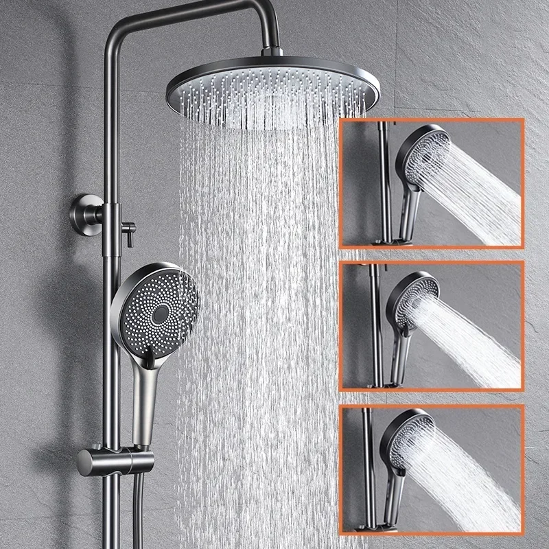 

YyhcGrey Piano Bathroom Shower System Set New Arrival Rainfall Gray Bathroom Shower Faucet Head Quality Brass Piano Bath Shower