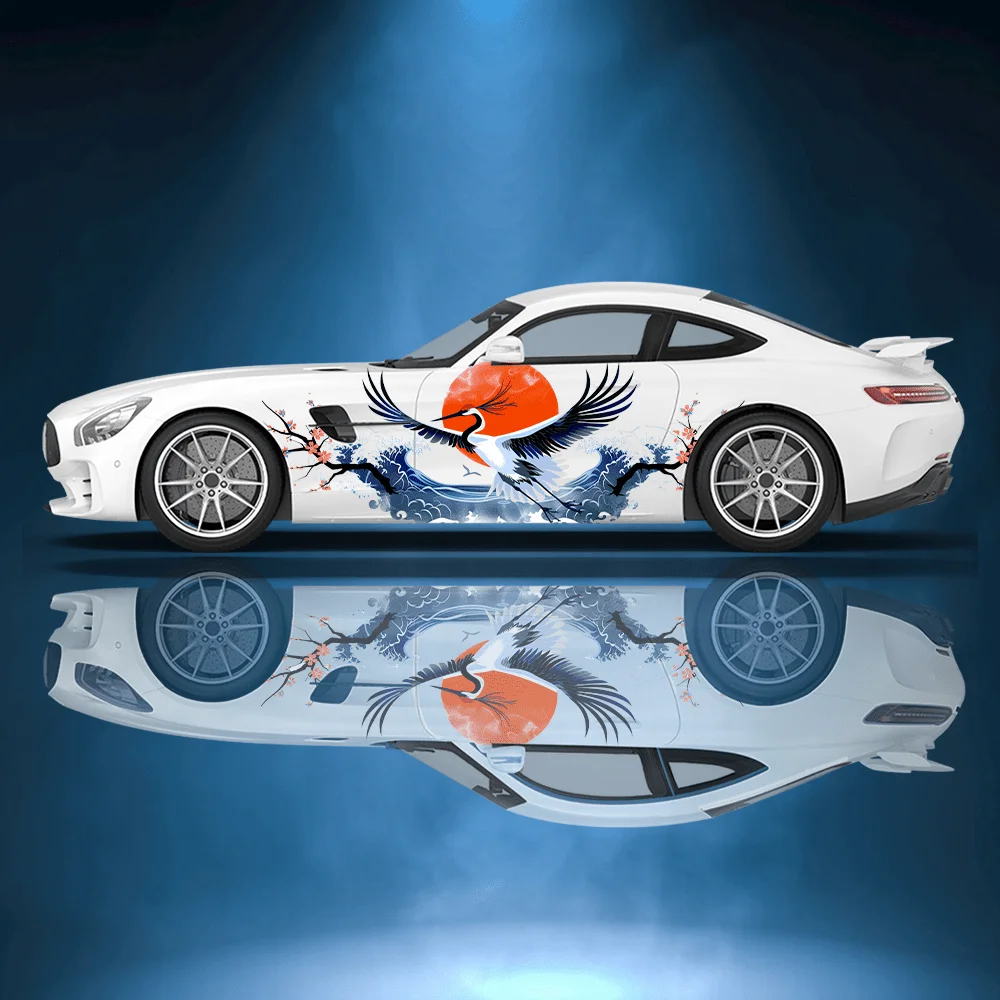 

Red Crowned Crane, Red Sun Car Vinyl Wraps Decal PVC Anti Scratch Sticker Suitable for Trucks SUV Decor Auto Accessories