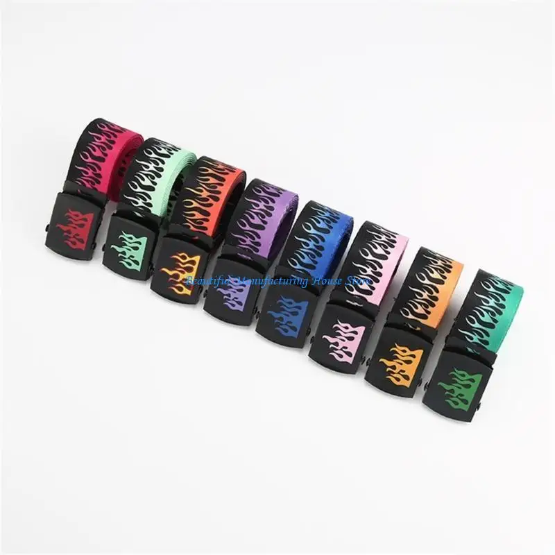 E56A Unisex Flame Design Adjustable Waist Belt Heavy Duty Cotton Metal Construction Punk Rock Streetwear Clothing Accessory