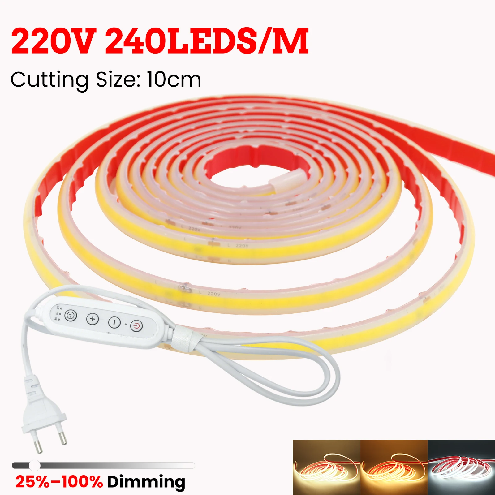 

220V COB LED Strip Dimmer Switch Light Ribbon Tape Bright EU Power Kit 240LEDs 3000K 4000K 6000K Flexible for Room Kitchen Decor
