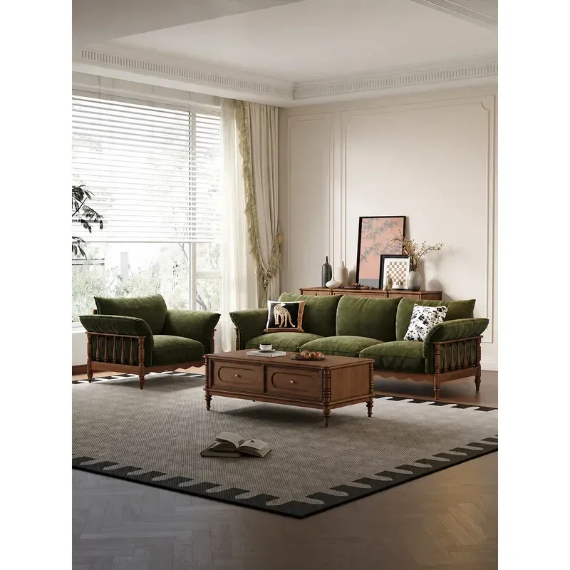 Solid Wood Fabric Sofa Antique Soft Upholstered Living Room Furniture American Light Luxury Oak Straight Row Couch for Small
