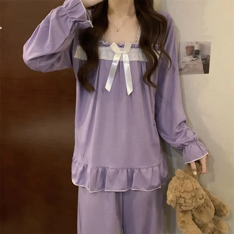 Square Collar Sleepwear Women Pajama Sets Lace Piiama Autumn Pants Sets for Women 2 Pieces Long Sleeve Night Wears Bow Home Suit