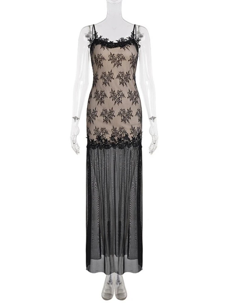SsTss Sexy durchsichtiges Mesh-Spitzen-Maxikleid für Damen, elegantes Spaghettiträger, ärmellos, durchsichtig, schlankes langes Kleid für besondere Anlässe