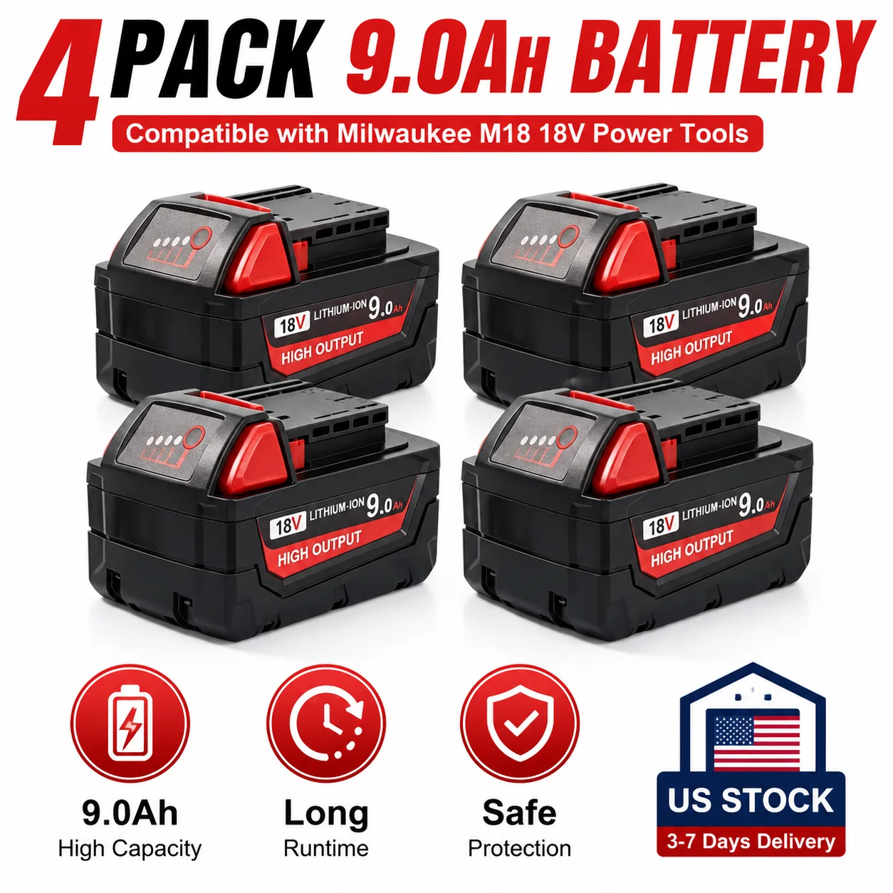4Pack Compatible with Milwaukee M18 18V Battery 9.0Ah High Capacity Lithium Ion Replacement Batteries US Stock Fast Delivery for 48-11-1850 48-11-1860 48-11-1890