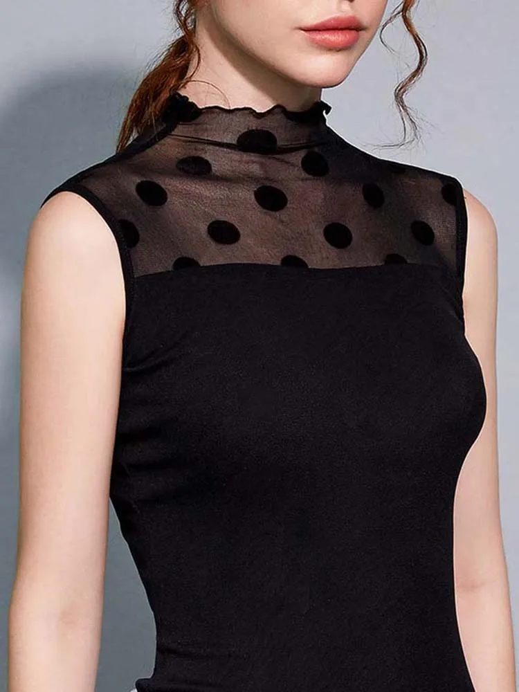 

Lace Trim Me Svel Vest Women's Spring Autumn Print Polka Dot Bla Base irt Inner Wear Top f High Collar T-irt