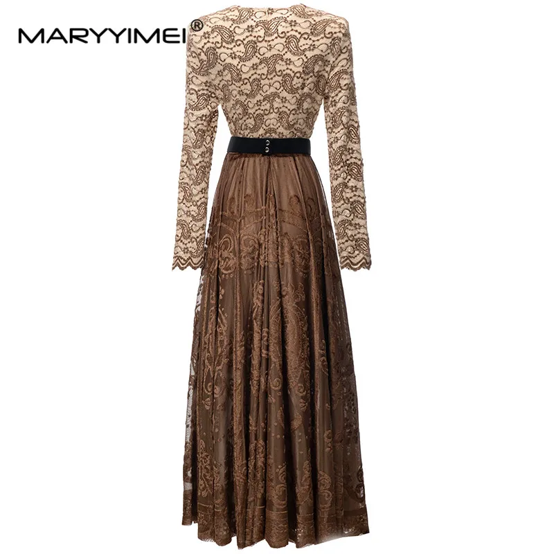 MARYYIMEI New Fashion Runway Designer Women's V-Neck Long-Sleeved Beading Detachable Belt Velvet Printing Pleated Dress