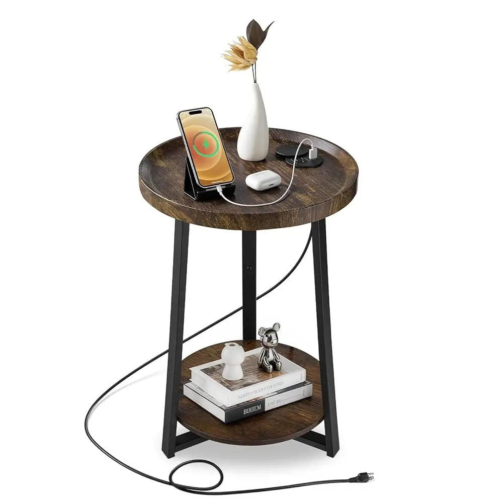 

Free ShippingRound Side Table with Charging Station, 15.7\ Metal Round End Table with Storage Shelves, 4.9ft Power Cord, Modern
