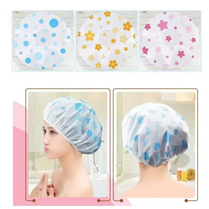 Random Color Fresh Print Waterproof Shower Cap Women Bath Hair Cover Kitchen Oil-proof Cooking Hat Reusable Shower Cap