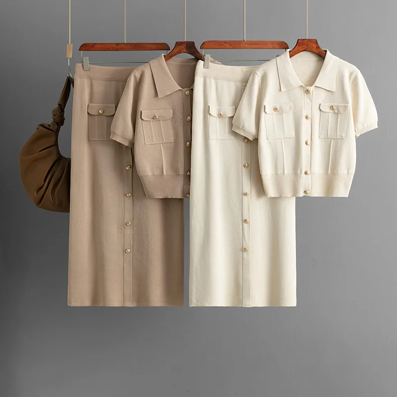 

Women Outfits Solid Short Sleeves Knitted Short Sleeve Cardigan Elegant Skirts Two-Piece Fashion Casual Buttons Suit Summer B378