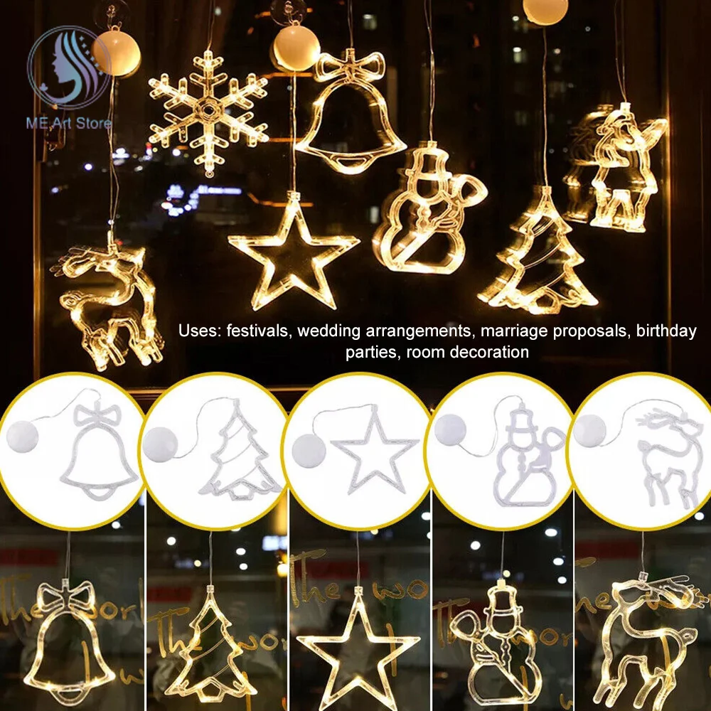 1Pc Merry Christmas LED Light Snowflake Santa Deer Hanging Sucker Lamp Window Ornaments Decoration for Home New Year Stickers