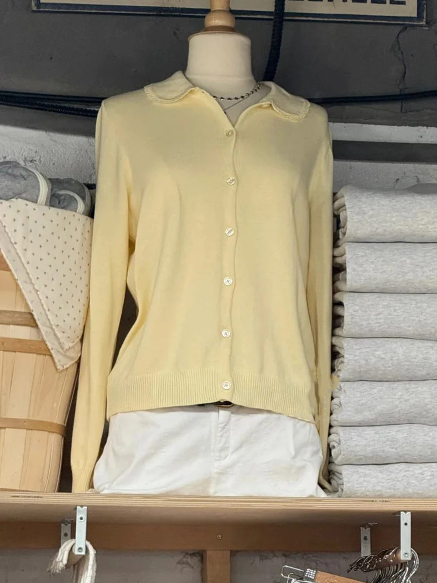 

Милый желтый вязаный топ Babydoll, кардиган, женский новый джемпер с кружевной отделкой, хлопковый джемпер на пуговицах, милый осенний свитер в консервативном стиле Y2K