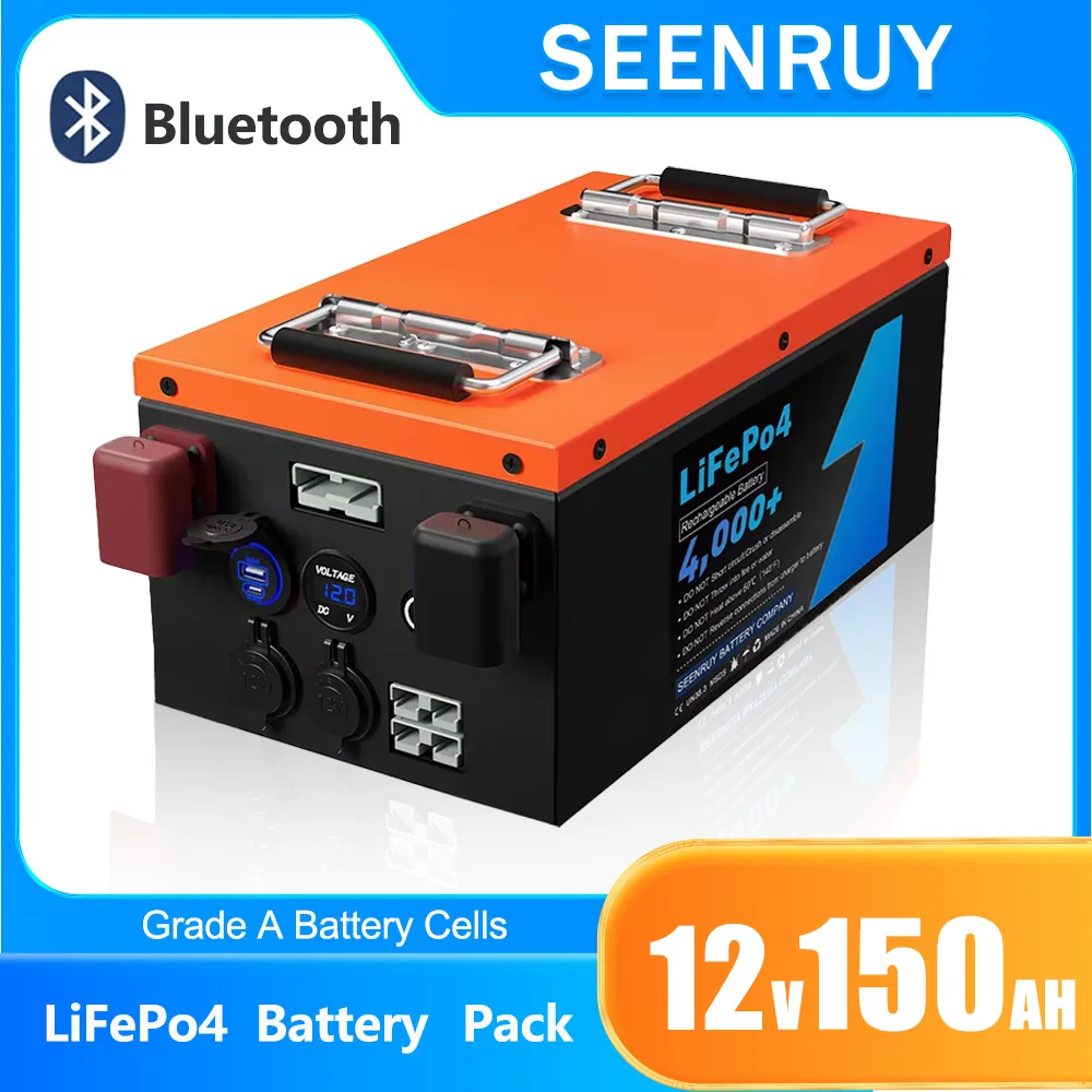 12V 150Ah Lifepo4 Rechargeable Battery Pack with Built-in BMS USB And Bluetooth for Campers Solar Energy RV + Charger