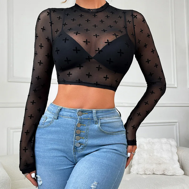 New Pure-desire Style Slim-fit Inner Top With See-through Mesh, Sexy And Fashionable Design Niche Long-sleeve Top GXAF