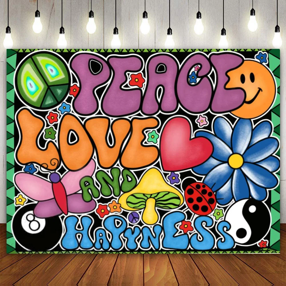 Peace and Love Hippie Psychedelic Music Guitar Symbol 60's 70's Birthday Party Decoration Banner Poster Background 1950s 1960s