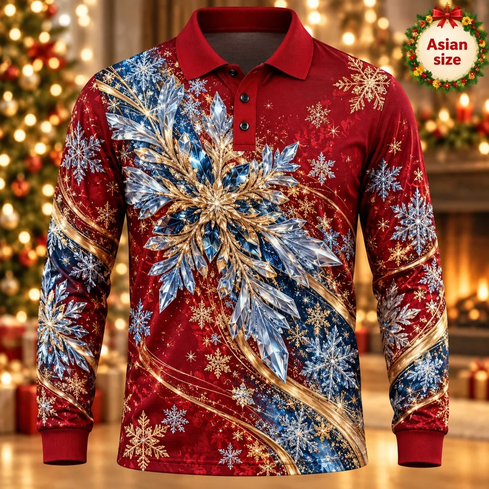 2026 Crystal Snowflakes Long Sleeve Polo Shirt for Men 3D Print Polyester Holiday Graphic Festive Casual Winter Fashion Party