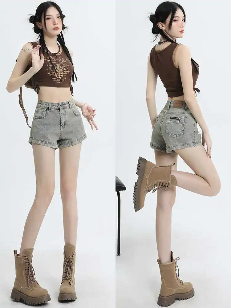 

Retro High Waist A-Line Shorts Women's Thin Summer New Wide Leg Hot Pants Slimming Jeans Sexy Girls Blue Denim Summer Shorts