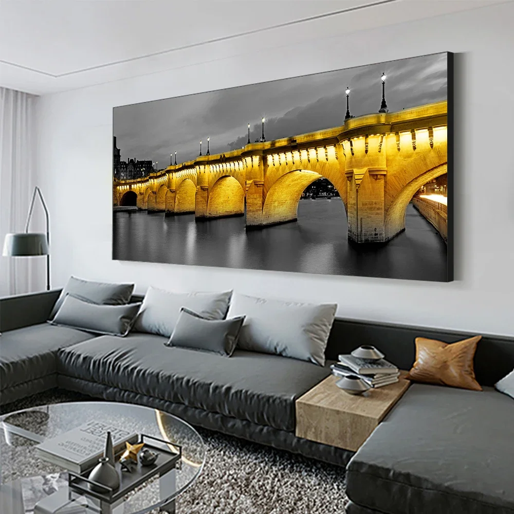 

Modern City Night Landscape Canvas Painting Black and Golden Bridge Posters Wall Art Picture Painting for Living Room Home Decor