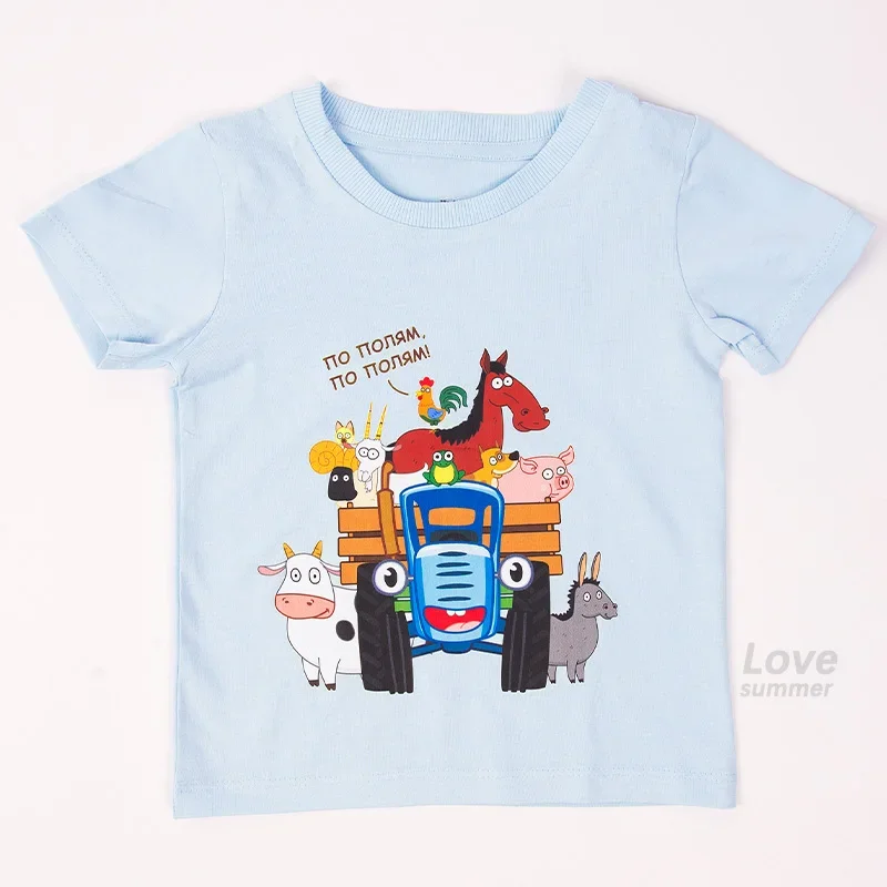 Tractor Print blue Kids Clothes Boys Tshirt toddled Short Sleeve Синий Трактор Children Clothes Outdoor Childrens Clothing